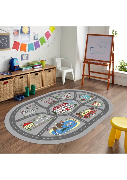 Dijital Baskılı Kaymaz Yıkanabilir Eğlenceli Eğitici Oval Çocuk Odası Halısı, N-O-Çocuk-02-Gri,