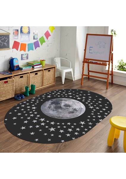 Dijital Baskılı Kaymaz Yıkanabilir Eğlenceli Eğitici Oval Çocuk Odası Halısı, N-O-Çocuk-27-Antrasit,