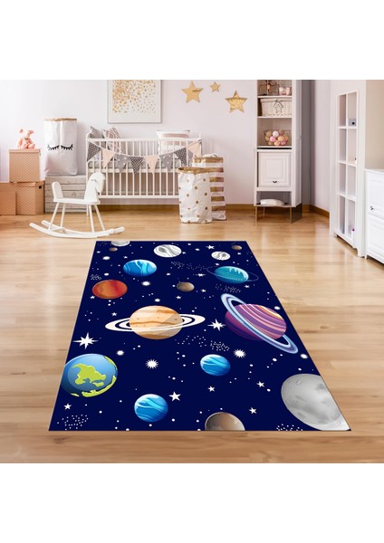 Dijital Baskılı Kaymaz Taban Yıkanabilir Eğlenceli Eğitici Çocuk Odası Halısı, N-Çocuk-38-Lacivert,