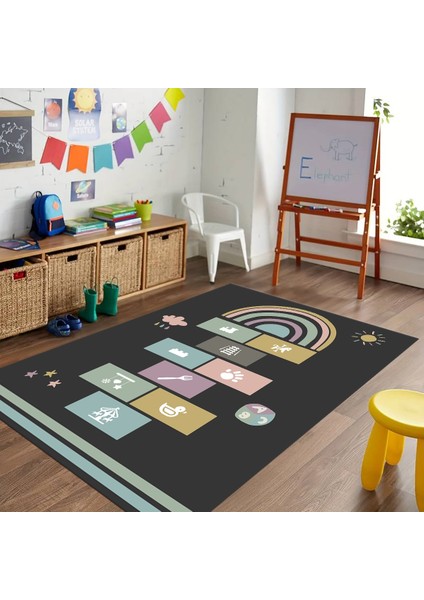 Dijital Baskılı Kaymaz Taban Yıkanabilir Eğlenceli Eğitici Çocuk Odası Halısı, N-Çocuk-31-Antrasit,