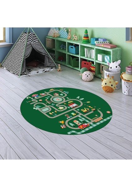 Dijital Baskılı Kaymaz Yıkanabilir Eğlenceli Yuvarlak Çocuk Odası Halısı, N-Y-Çocuk-48-Yeşil,