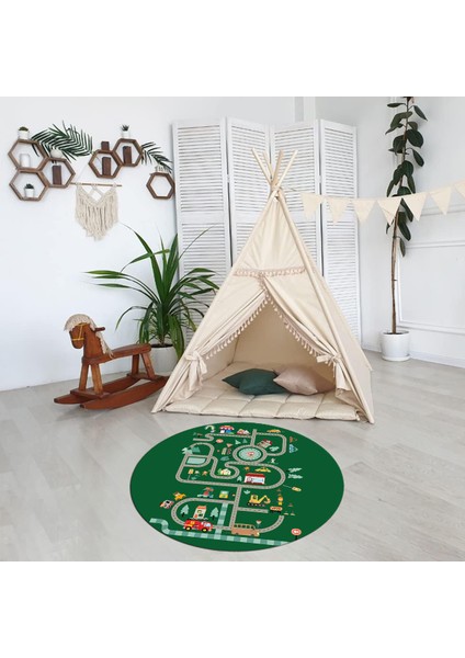 Dijital Baskılı Kaymaz Yıkanabilir Eğlenceli Yuvarlak Çocuk Odası Halısı, N-Y-Çocuk-48-Yeşil, indirimleri