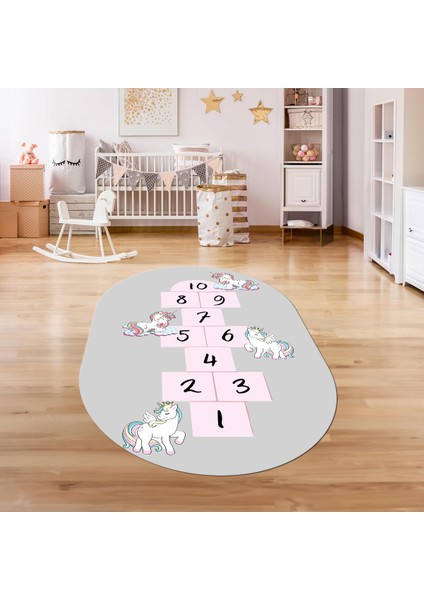 Dijital Baskılı Kaymaz Yıkanabilir Eğlenceli Eğitici Oval Çocuk Odası Halısı, N-O-Çocuk-37-Gri,
