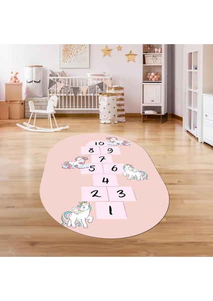 Dijital Baskılı Kaymaz Yıkanabilir Eğlenceli Eğitici Oval Çocuk Odası Halısı, N-O-Çocuk-37-Pembe,