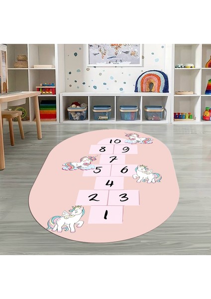 Dijital Baskılı Kaymaz Yıkanabilir Eğlenceli Eğitici Oval Çocuk Odası Halısı, N-O-Çocuk-37-Pembe, indirimleri