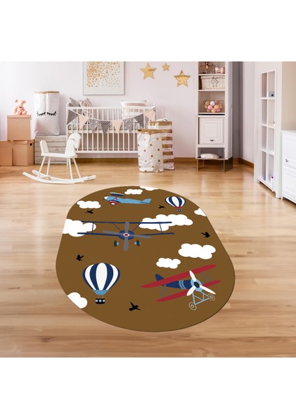 Dijital Baskılı Kaymaz Yıkanabilir Eğlenceli Eğitici Oval Çocuk Odası Halısı, N-O-Çocuk-23-Kahve, modelleri
