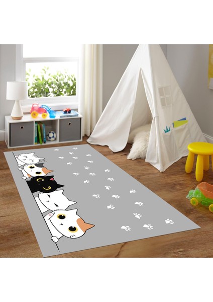 Dijital Baskılı Kaymaz Taban Yıkanabilir Eğlenceli Eğitici Çocuk Odası Halısı, N-Çocuk-49-Gri,