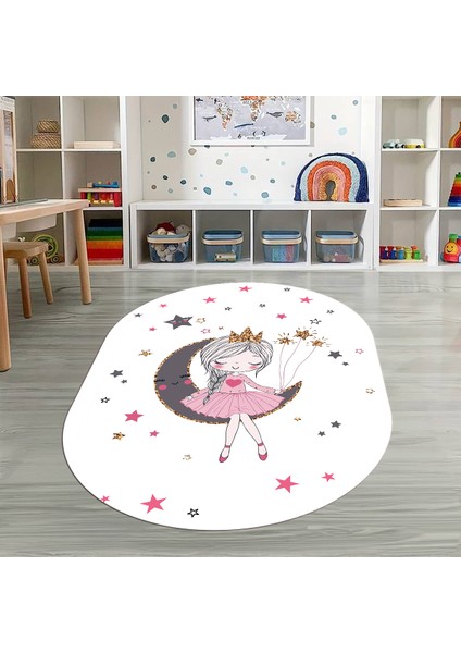 Dijital Baskılı Kaymaz Yıkanabilir Eğlenceli Eğitici Oval Çocuk Odası Halısı, N-O-Çocuk-13-Beyaz,