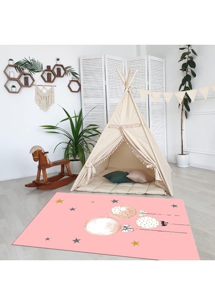 Dijital Baskılı Kaymaz Taban Yıkanabilir Eğlenceli Eğitici Çocuk Odası Halısı, N-Çocuk-24-Pembe,
