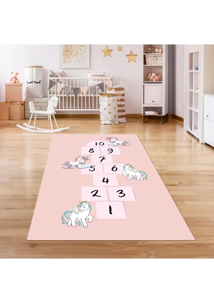 Dijital Baskılı Kaymaz Taban Yıkanabilir Eğlenceli Eğitici Çocuk Odası Halısı, N-Çocuk-37-Pembe,