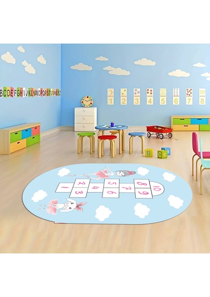 Dijital Baskılı Kaymaz Yıkanabilir Eğlenceli Eğitici Oval Çocuk Odası Halısı, N-O-Çocuk-04-Mavi,