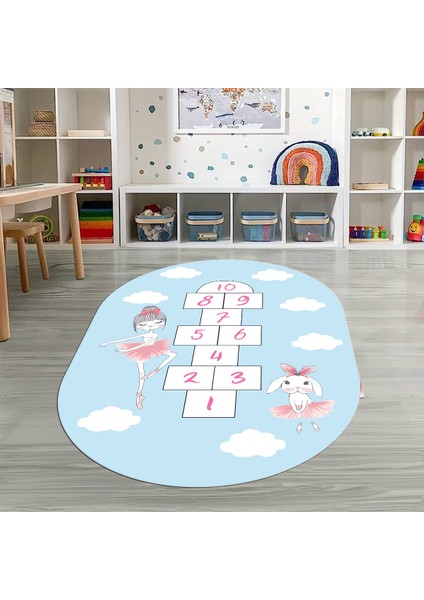 Dijital Baskılı Kaymaz Yıkanabilir Eğlenceli Eğitici Oval Çocuk Odası Halısı, N-O-Çocuk-04-Mavi, fiyatları