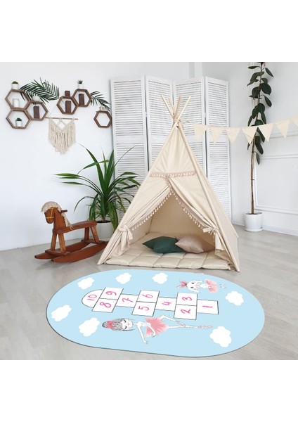 Dijital Baskılı Kaymaz Yıkanabilir Eğlenceli Eğitici Oval Çocuk Odası Halısı, N-O-Çocuk-04-Mavi, fırsatları