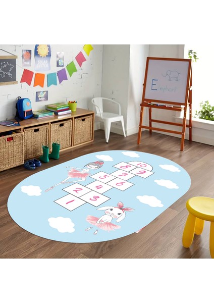 Dijital Baskılı Kaymaz Yıkanabilir Eğlenceli Eğitici Oval Çocuk Odası Halısı, N-O-Çocuk-04-Mavi, indirimleri