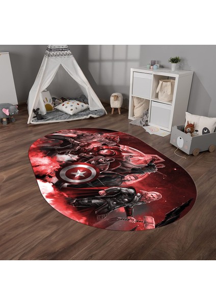 Dijital Baskılı Kaymaz Yıkanabilir Eğlenceli Eğitici Oval Çocuk Odası Halısı, N-O-Çocuk-39-Kırmızı,