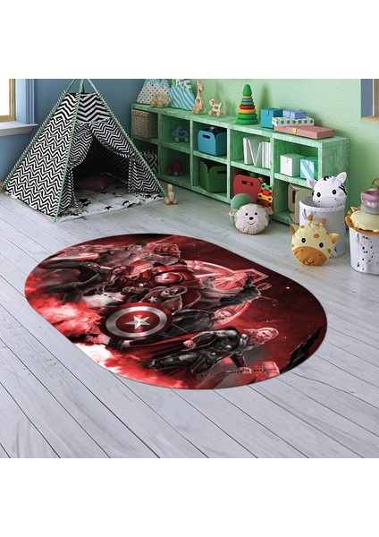 Dijital Baskılı Kaymaz Yıkanabilir Eğlenceli Eğitici Oval Çocuk Odası Halısı, N-O-Çocuk-39-Kırmızı,