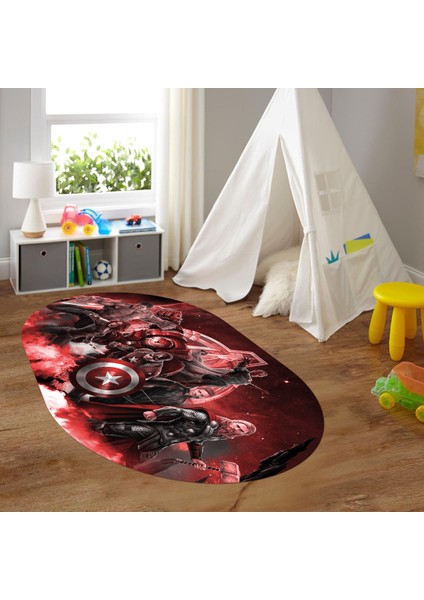 Dijital Baskılı Kaymaz Yıkanabilir Eğlenceli Eğitici Oval Çocuk Odası Halısı, N-O-Çocuk-39-Kırmızı,