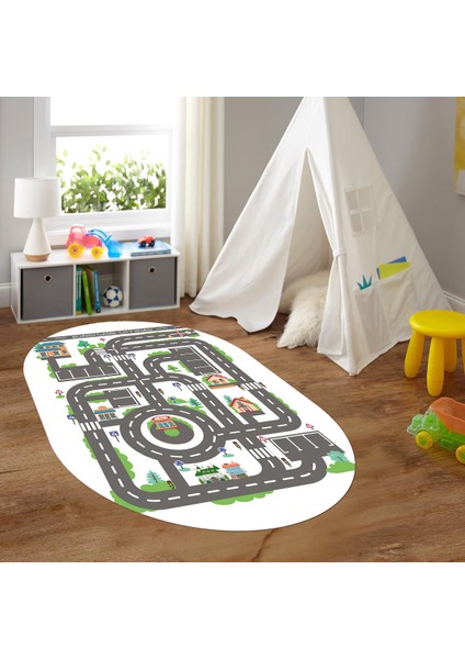 Dijital Baskılı Kaymaz Yıkanabilir Eğlenceli Eğitici Oval Çocuk Odası Halısı, N-O-Çocuk-17-Beyaz,