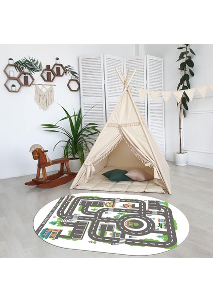 Dijital Baskılı Kaymaz Yıkanabilir Eğlenceli Eğitici Oval Çocuk Odası Halısı, N-O-Çocuk-17-Beyaz,