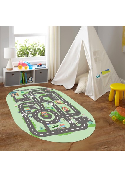 Dijital Baskılı Kaymaz Yıkanabilir Eğlenceli Eğitici Oval Çocuk Odası Halısı, N-O-Çocuk-17-Yeşil,