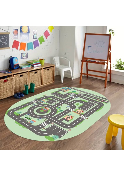 Dijital Baskılı Kaymaz Yıkanabilir Eğlenceli Eğitici Oval Çocuk Odası Halısı, N-O-Çocuk-17-Yeşil,