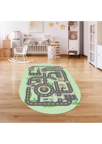 Dijital Baskılı Kaymaz Yıkanabilir Eğlenceli Eğitici Oval Çocuk Odası Halısı, N-O-Çocuk-17-Yeşil,