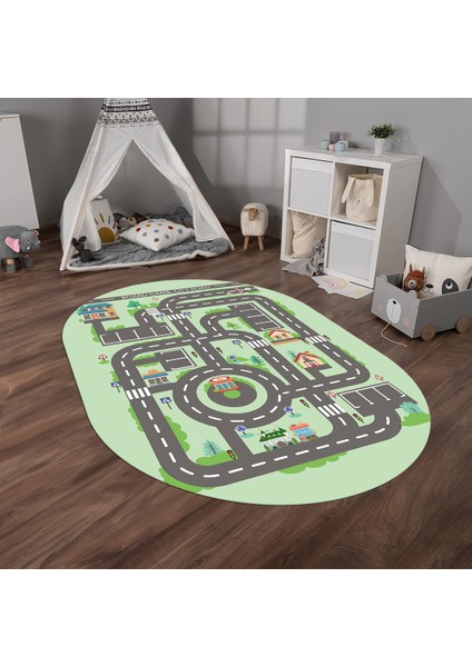 Dijital Baskılı Kaymaz Yıkanabilir Eğlenceli Eğitici Oval Çocuk Odası Halısı, N-O-Çocuk-17-Yeşil,