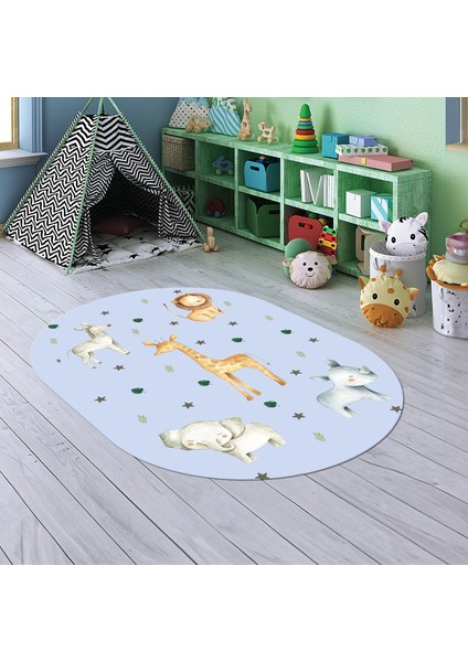 Dijital Baskılı Kaymaz Yıkanabilir Eğlenceli Eğitici Oval Çocuk Odası Halısı, N-O-Çocuk-35-Mavi,