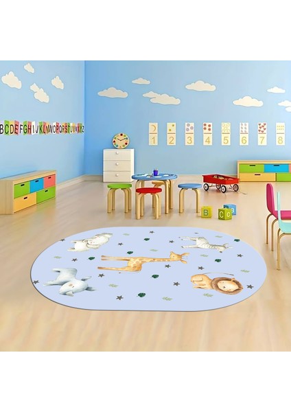 Dijital Baskılı Kaymaz Yıkanabilir Eğlenceli Eğitici Oval Çocuk Odası Halısı, N-O-Çocuk-35-Mavi,