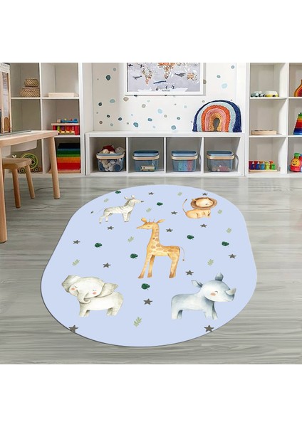 Dijital Baskılı Kaymaz Yıkanabilir Eğlenceli Eğitici Oval Çocuk Odası Halısı, N-O-Çocuk-35-Mavi,