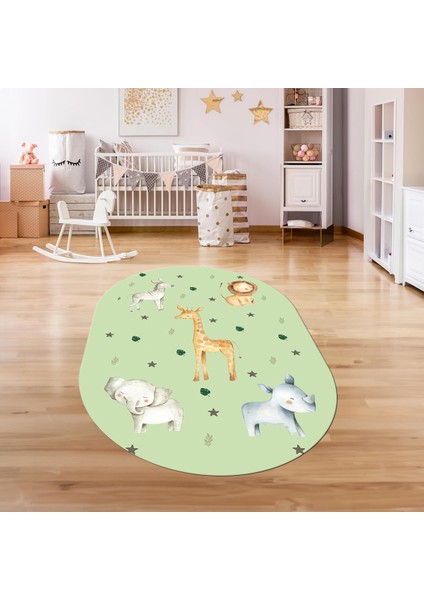 Dijital Baskılı Kaymaz Yıkanabilir Eğlenceli Eğitici Oval Çocuk Odası Halısı, N-O-Çocuk-35-Yeşil,