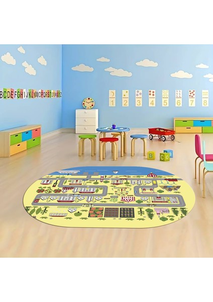 Dijital Baskılı Kaymaz Yıkanabilir Eğlenceli Eğitici Oval Çocuk Odası Halısı, N-O-Çocuk-07-Sarı,