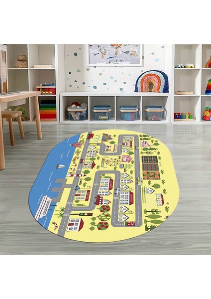 Dijital Baskılı Kaymaz Yıkanabilir Eğlenceli Eğitici Oval Çocuk Odası Halısı, N-O-Çocuk-07-Sarı, fiyatları