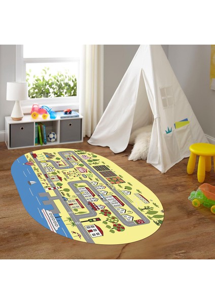 Dijital Baskılı Kaymaz Yıkanabilir Eğlenceli Eğitici Oval Çocuk Odası Halısı, N-O-Çocuk-07-Sarı, modelleri
