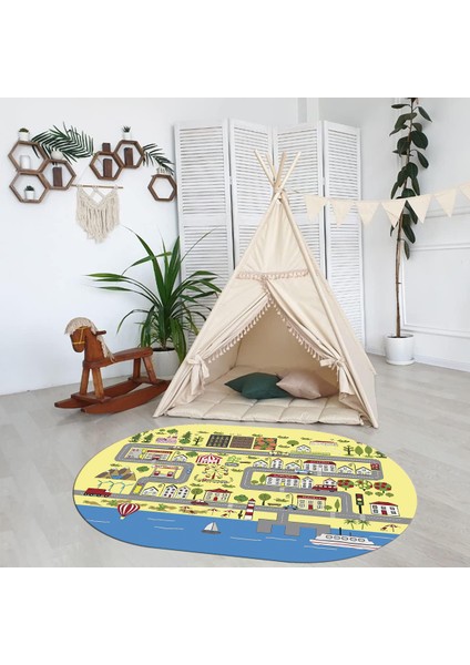 Dijital Baskılı Kaymaz Yıkanabilir Eğlenceli Eğitici Oval Çocuk Odası Halısı, N-O-Çocuk-07-Sarı, fırsatları