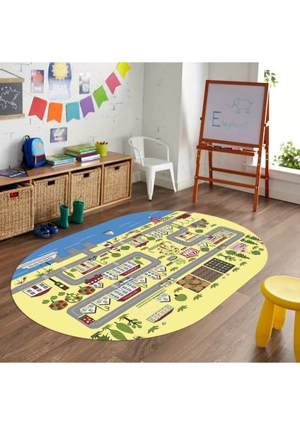 Dijital Baskılı Kaymaz Yıkanabilir Eğlenceli Eğitici Oval Çocuk Odası Halısı, N-O-Çocuk-07-Sarı, indirimleri