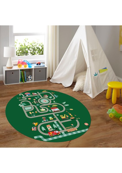 Dijital Baskılı Kaymaz Yıkanabilir Eğlenceli Yuvarlak Çocuk Odası Halısı, N-Y-Çocuk-48-Yeşil, fırsatları