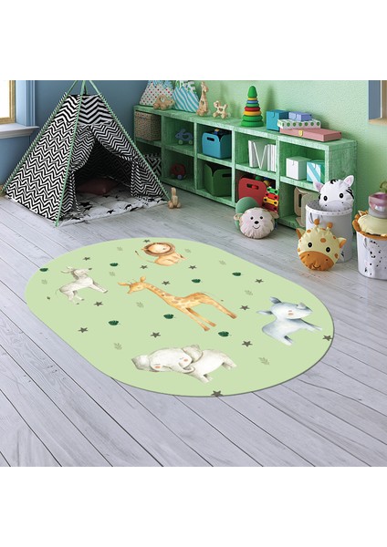 Dijital Baskılı Kaymaz Yıkanabilir Eğlenceli Eğitici Oval Çocuk Odası Halısı, N-O-Çocuk-35-Yeşil, modelleri