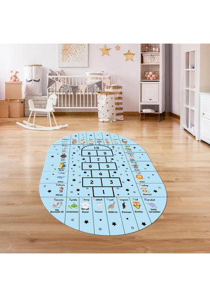Dijital Baskılı Kaymaz Yıkanabilir Eğlenceli Eğitici Oval Çocuk Odası Halısı, N-O-Çocuk-36-Mavi,