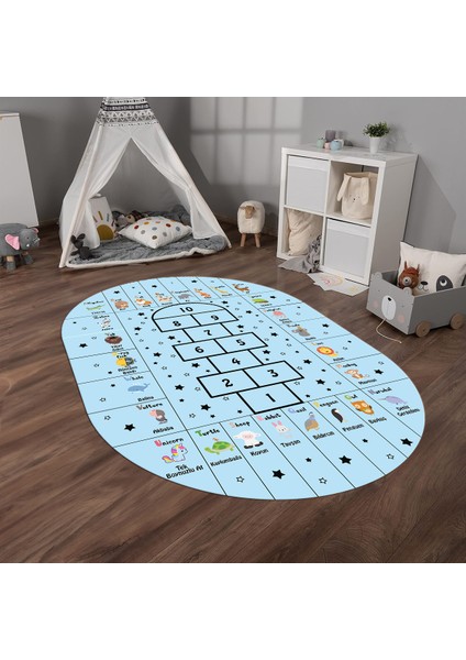 Dijital Baskılı Kaymaz Yıkanabilir Eğlenceli Eğitici Oval Çocuk Odası Halısı, N-O-Çocuk-36-Mavi,
