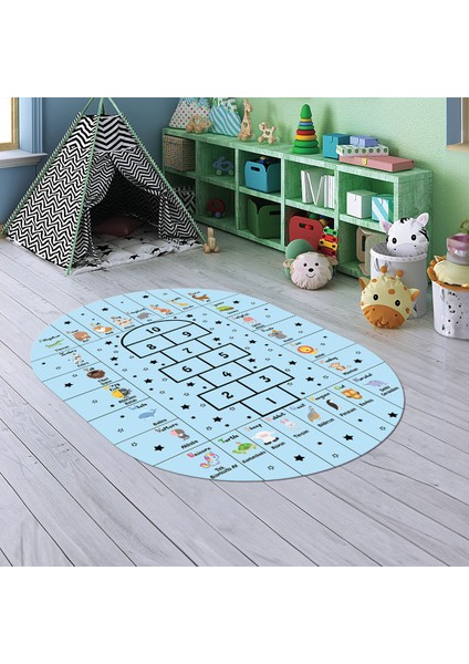 Dijital Baskılı Kaymaz Yıkanabilir Eğlenceli Eğitici Oval Çocuk Odası Halısı, N-O-Çocuk-36-Mavi,