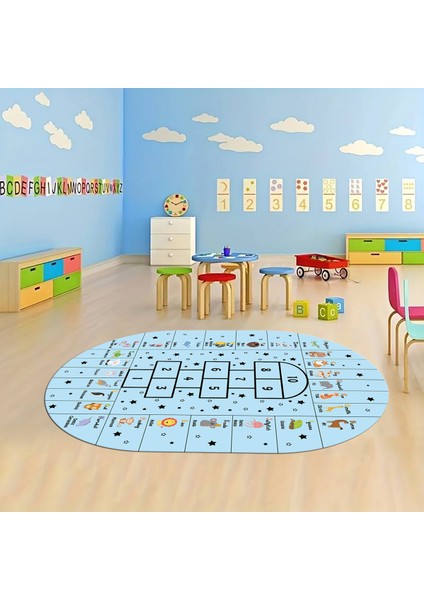 Dijital Baskılı Kaymaz Yıkanabilir Eğlenceli Eğitici Oval Çocuk Odası Halısı, N-O-Çocuk-36-Mavi,