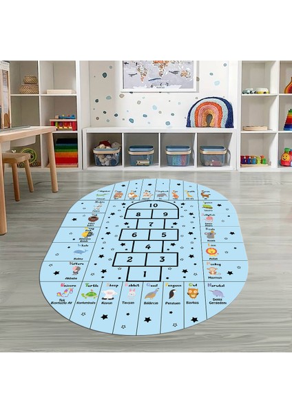 Dijital Baskılı Kaymaz Yıkanabilir Eğlenceli Eğitici Oval Çocuk Odası Halısı, N-O-Çocuk-36-Mavi,