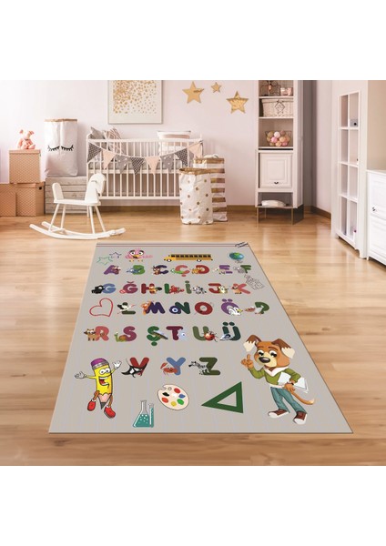 Dijital Baskılı Kaymaz Taban Yıkanabilir Eğlenceli Eğitici Çocuk Odası Halısı, N-Çocuk-33-Gri,