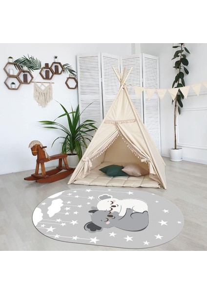Dijital Baskılı Kaymaz Yıkanabilir Eğlenceli Eğitici Oval Çocuk Odası Halısı, N-O-Çocuk-22-Gri,