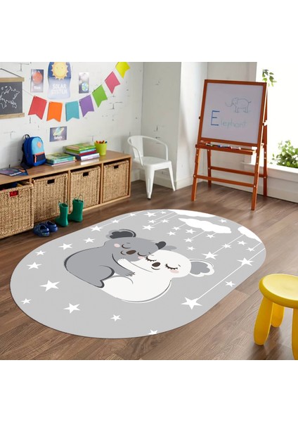 Dijital Baskılı Kaymaz Yıkanabilir Eğlenceli Eğitici Oval Çocuk Odası Halısı, N-O-Çocuk-22-Gri, fiyatları