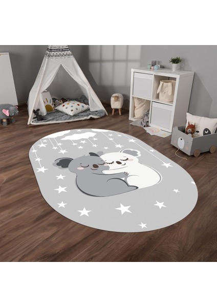 Dijital Baskılı Kaymaz Yıkanabilir Eğlenceli Eğitici Oval Çocuk Odası Halısı, N-O-Çocuk-22-Gri, fırsatları