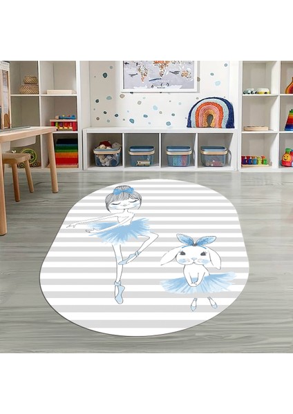 Dijital Baskılı Kaymaz Yıkanabilir Eğlenceli Eğitici Oval Çocuk Odası Halısı, N-O-Çocuk-09-Mavi,