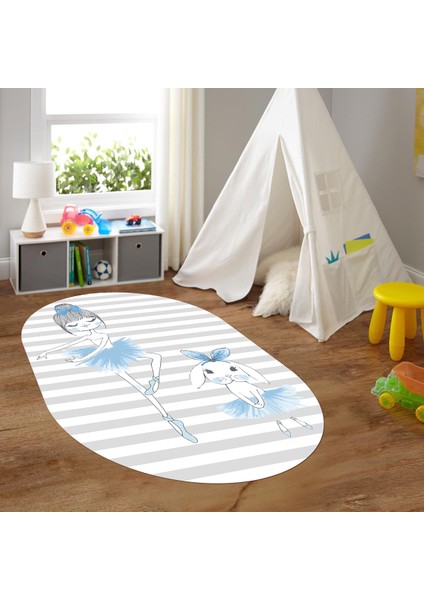 Dijital Baskılı Kaymaz Yıkanabilir Eğlenceli Eğitici Oval Çocuk Odası Halısı, N-O-Çocuk-09-Mavi,