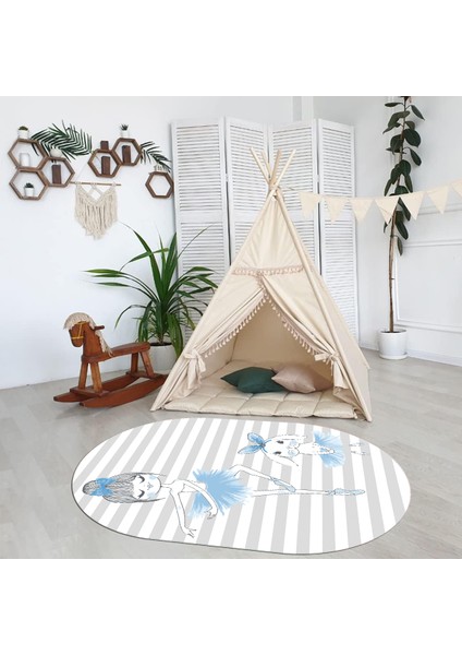 Dijital Baskılı Kaymaz Yıkanabilir Eğlenceli Eğitici Oval Çocuk Odası Halısı, N-O-Çocuk-09-Mavi,